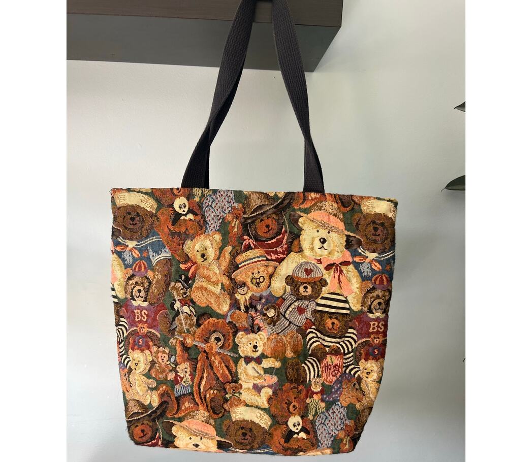 Teddy bear tapestry tote Bag, by Ellen originals 14 x 14, made in USA
